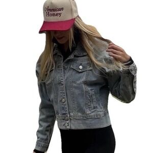 Blue B Denim Jacket Cropped Light Wash Distressed‎ Women's Size Medium